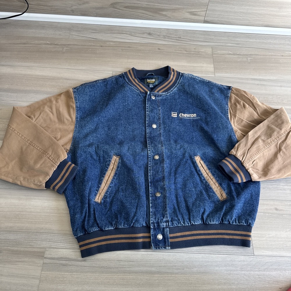 Vintage Dunbrooke Chevron Varsity Bomber Jacket Denim XXL Made In‎ Hong Kong